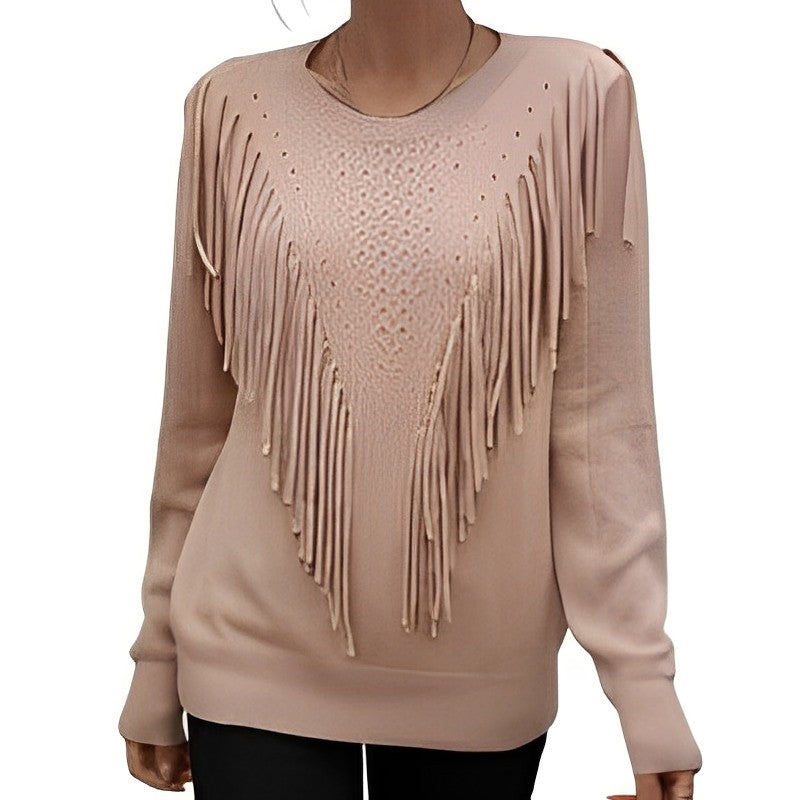 Women - Wide Jumper - Cozy Knit with Fringes - Stylish Fall Sweater