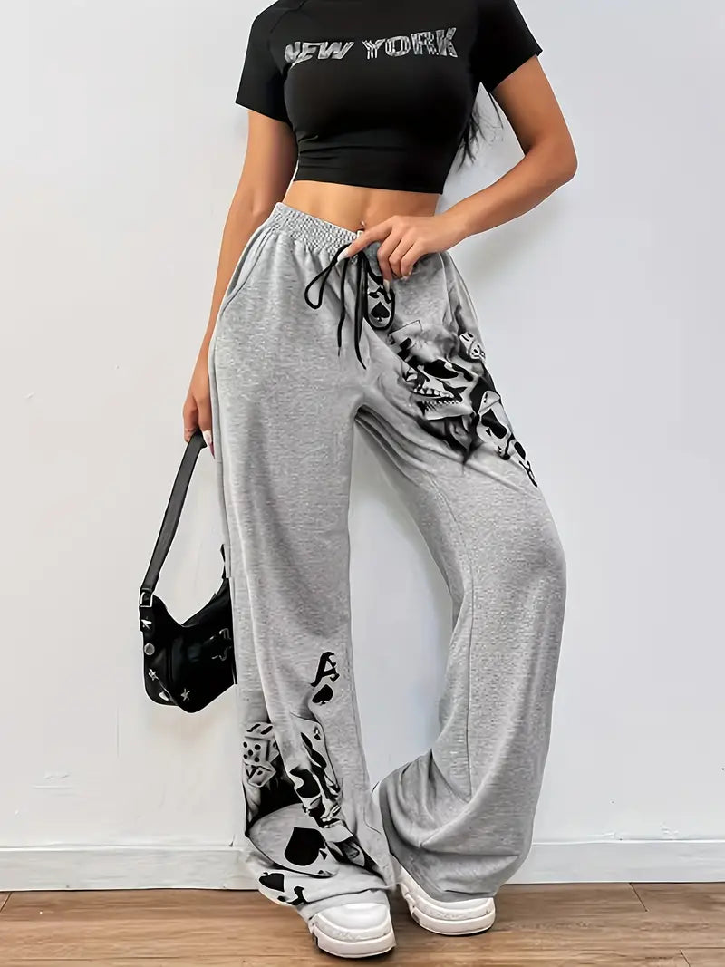 Women - Wide Trousers - Smoke Print with Drawstring - Comfortable and Stylish Everyday Wear