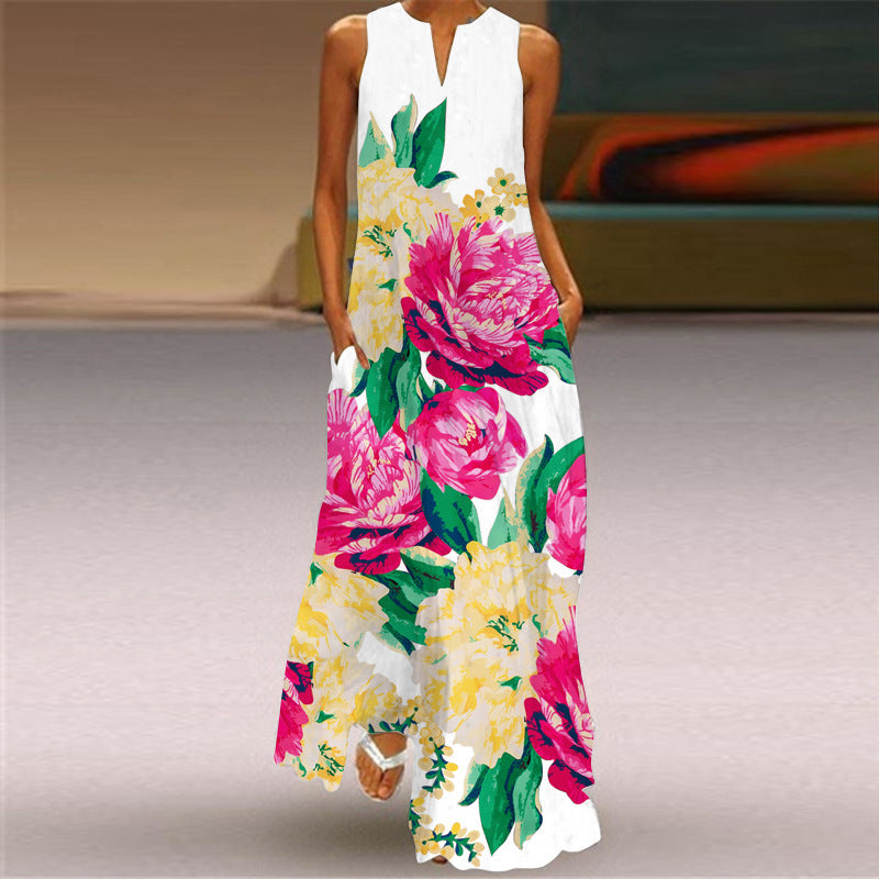 Women’s Sleeveless V-Neck Vintage Printed Dress