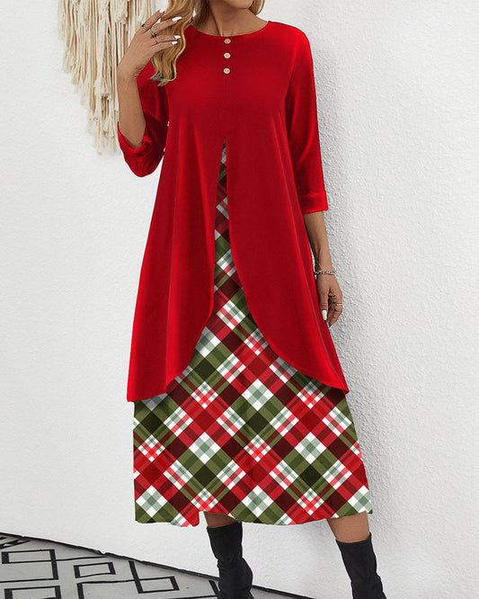 Women - A-Line Dress - Elegant Plaid Red Velvet - Stylish Party Outfit