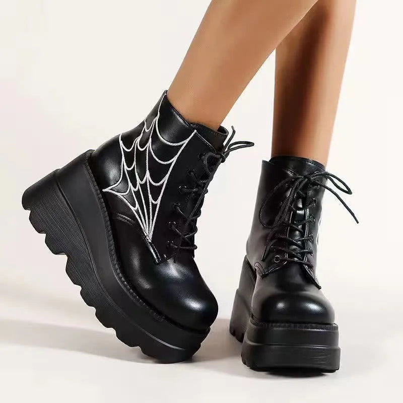 Gothic spider web lace-up boots