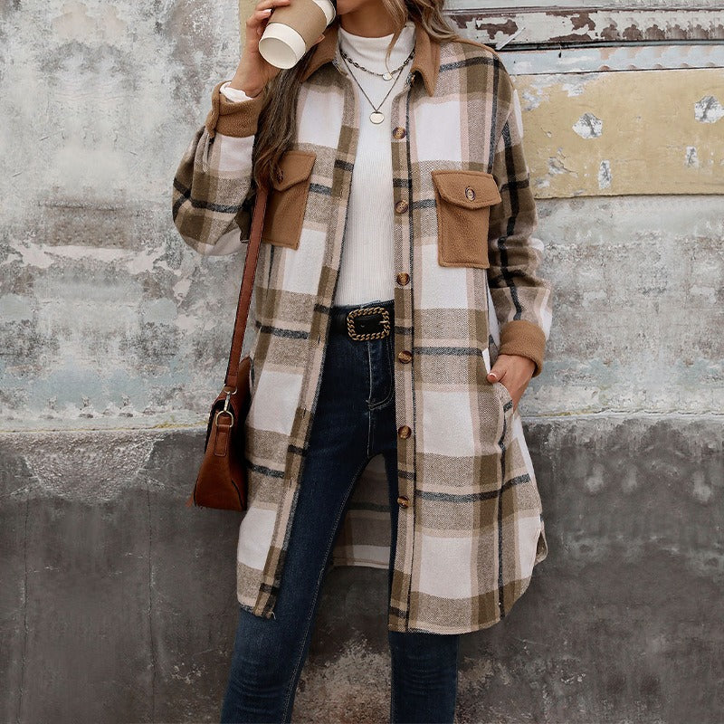 Women - Long Jacket - Checked Design with Pockets - Casual Everyday Outerwear