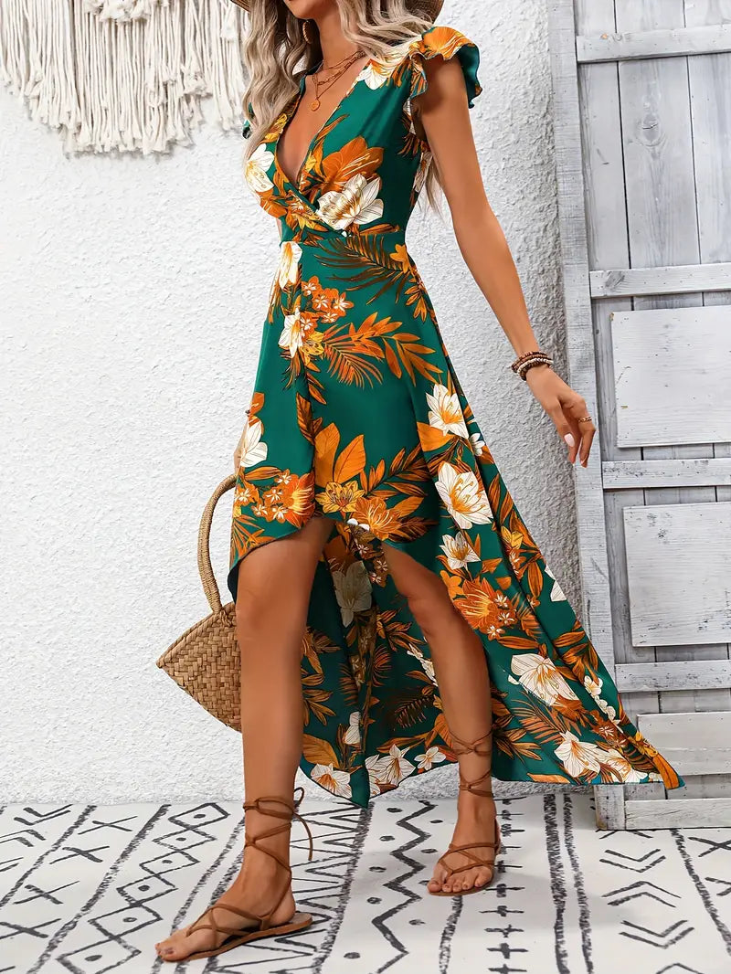 Dress with floral pattern and ruffled neckline Elegant dress with ruffled sleeves