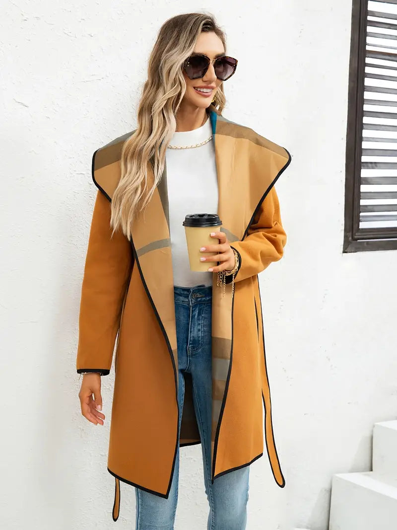 Coat with waterfall collar and belt