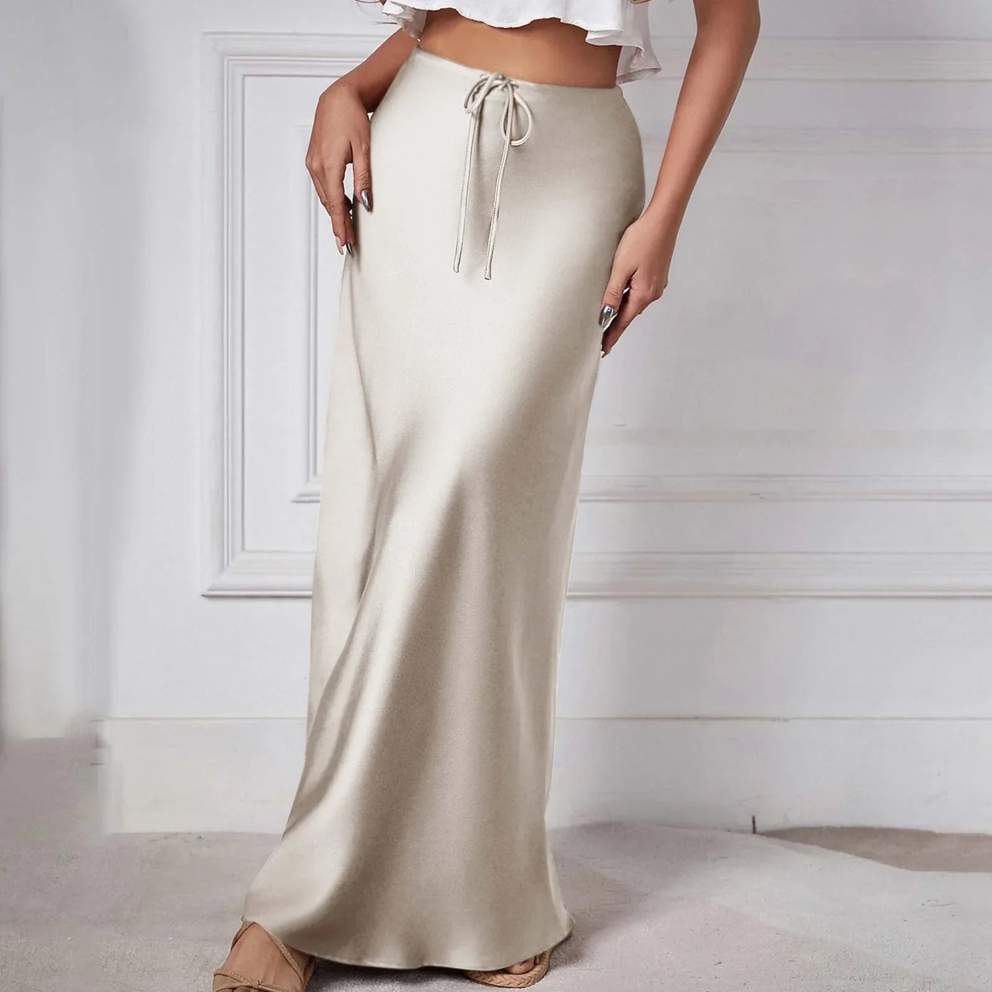 Women - High-Waisted Satin Skirt - Elegant Lacing Detail - Chic Fashion Statement