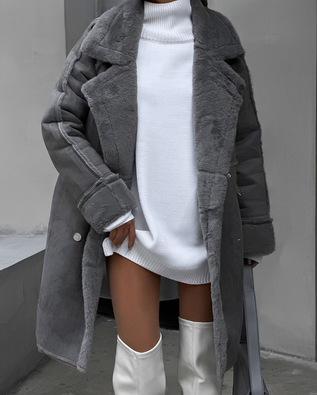 Long suede coat with fur trim