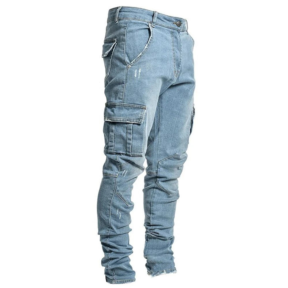 Multi-Pocket Denim Cargo Trousers for Men