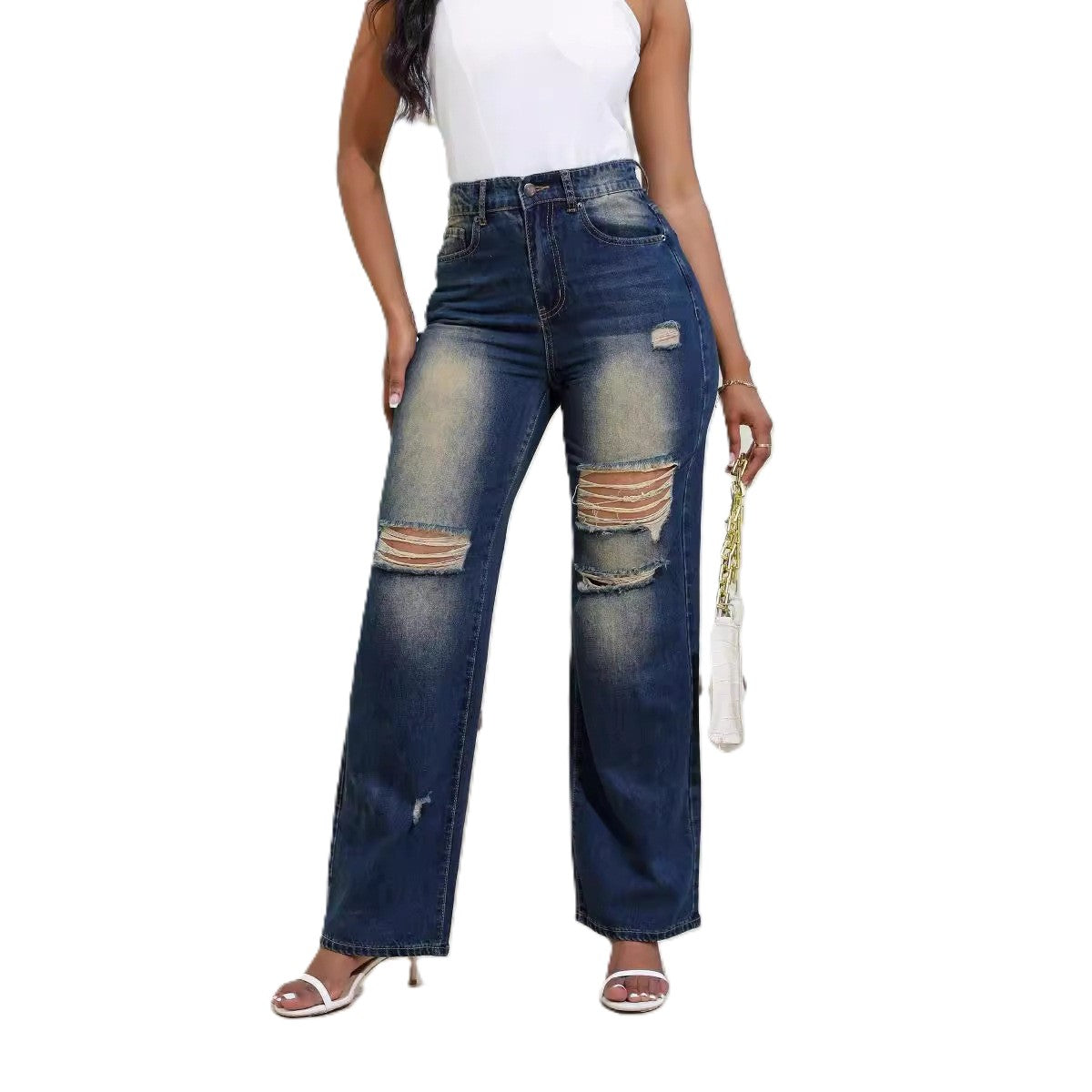 Women - Wide Cut Jeans - High Waist, Comfortable Denim - Trendy Fit for Effortless Style