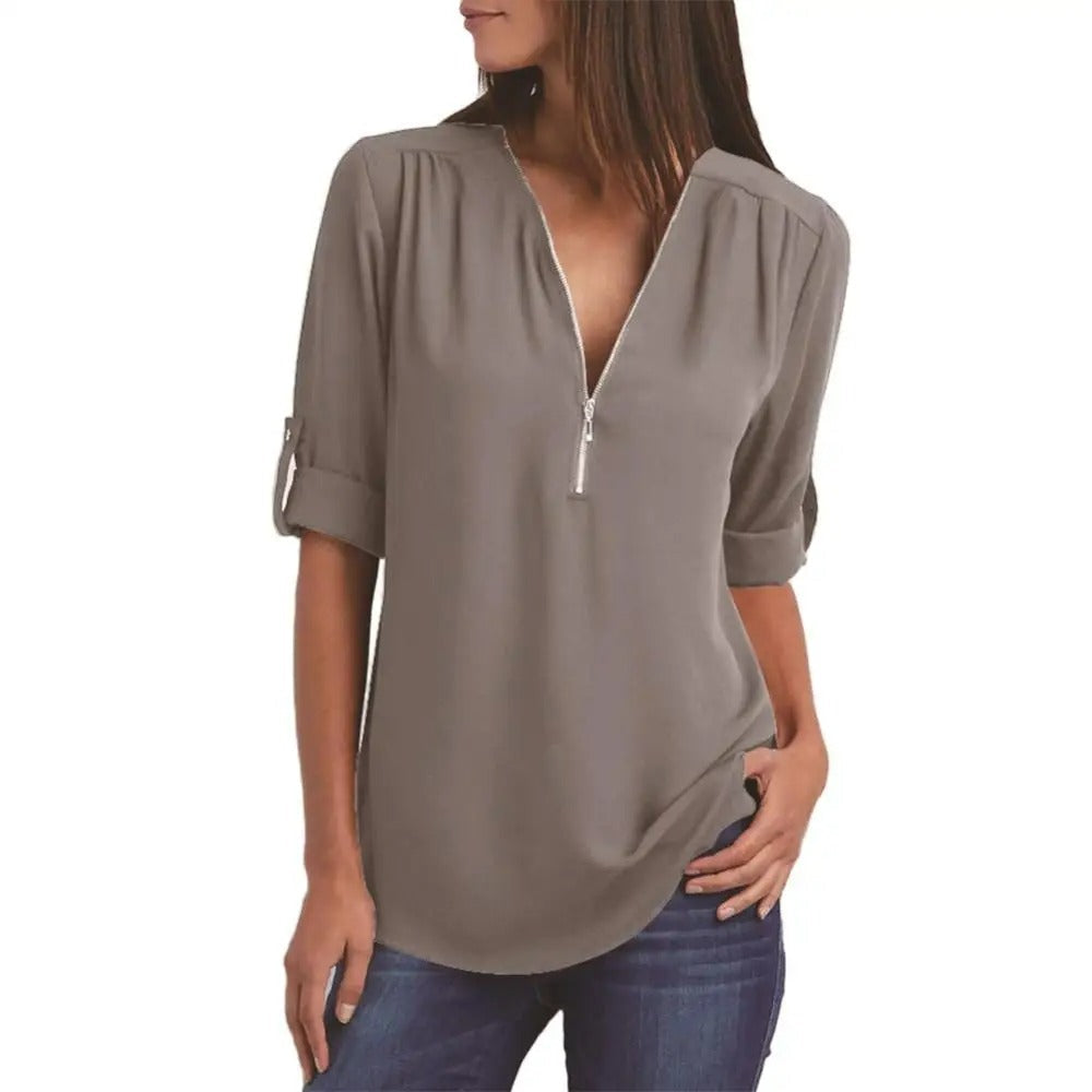 V-neck with half zip Warm loose blouse for women