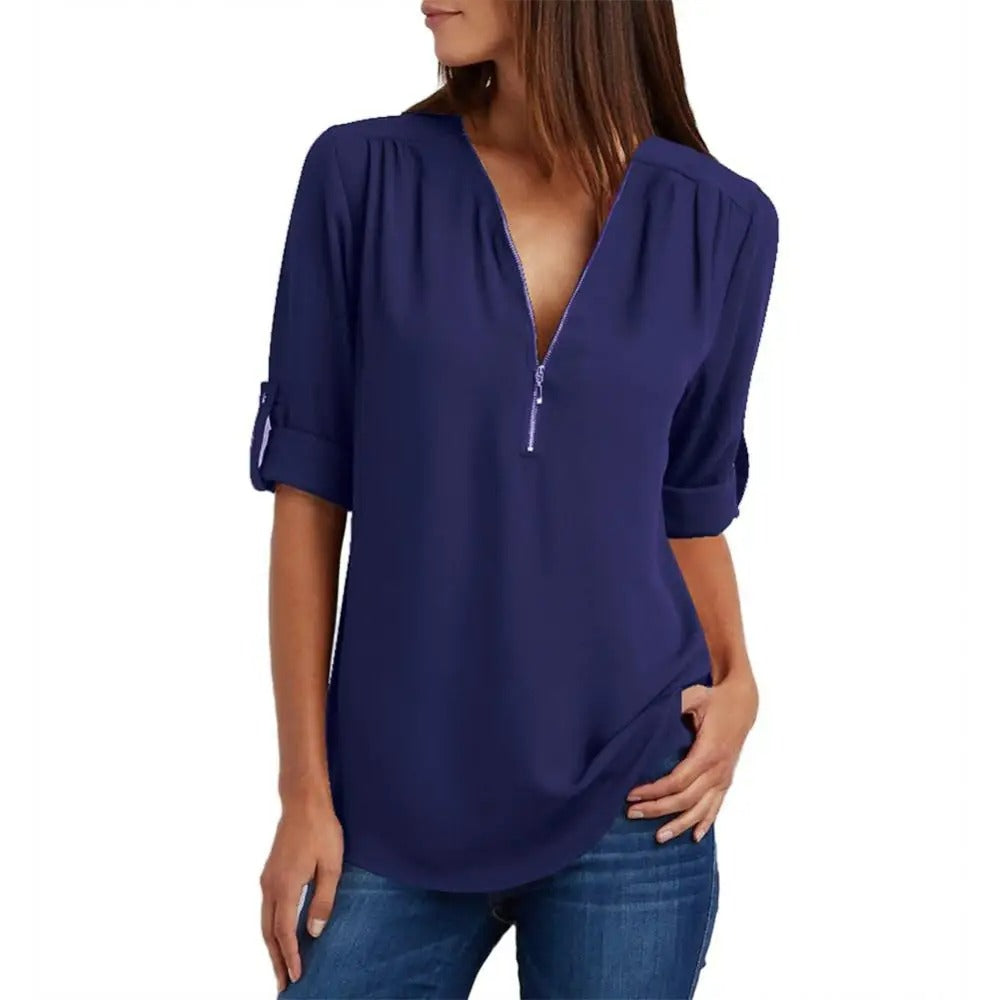 V-neck with half zip Warm loose blouse for women