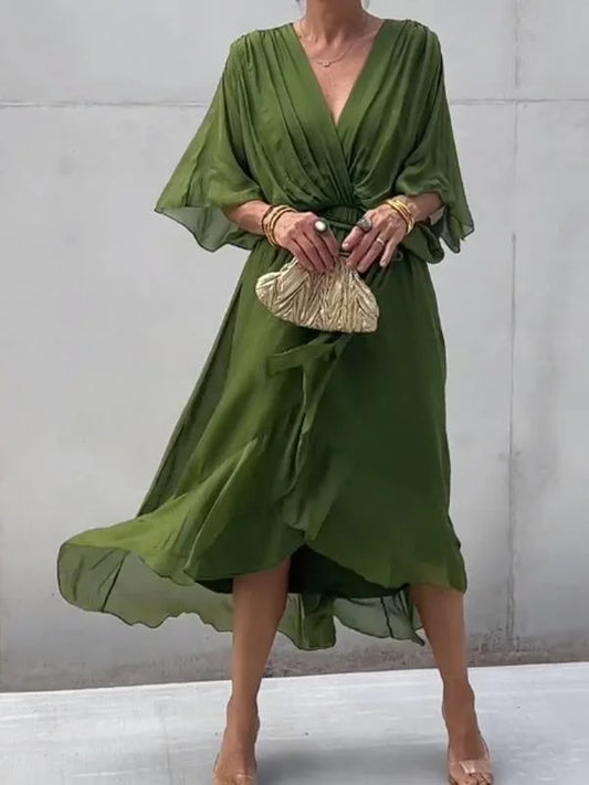 Green chiffon dress with V-neck ladies