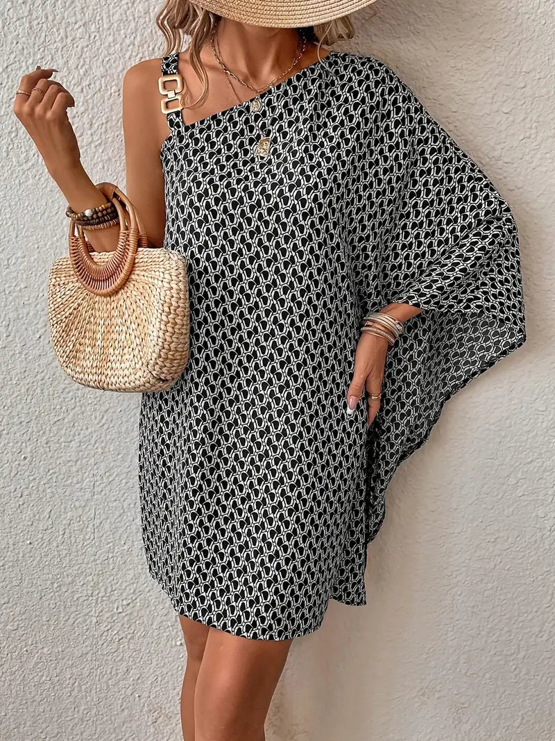 Asymmetric dress with all-over print