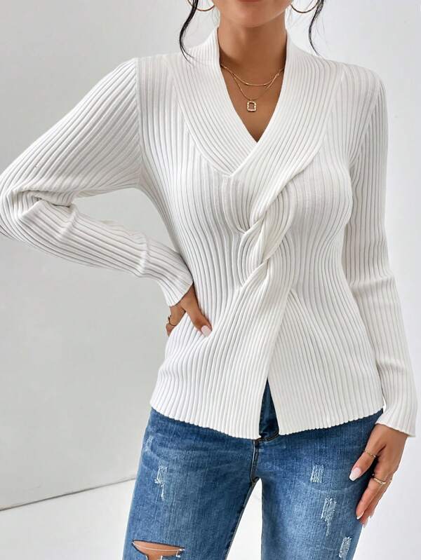 Women - Jumper - Ribbed Knit - White Casual Sweater