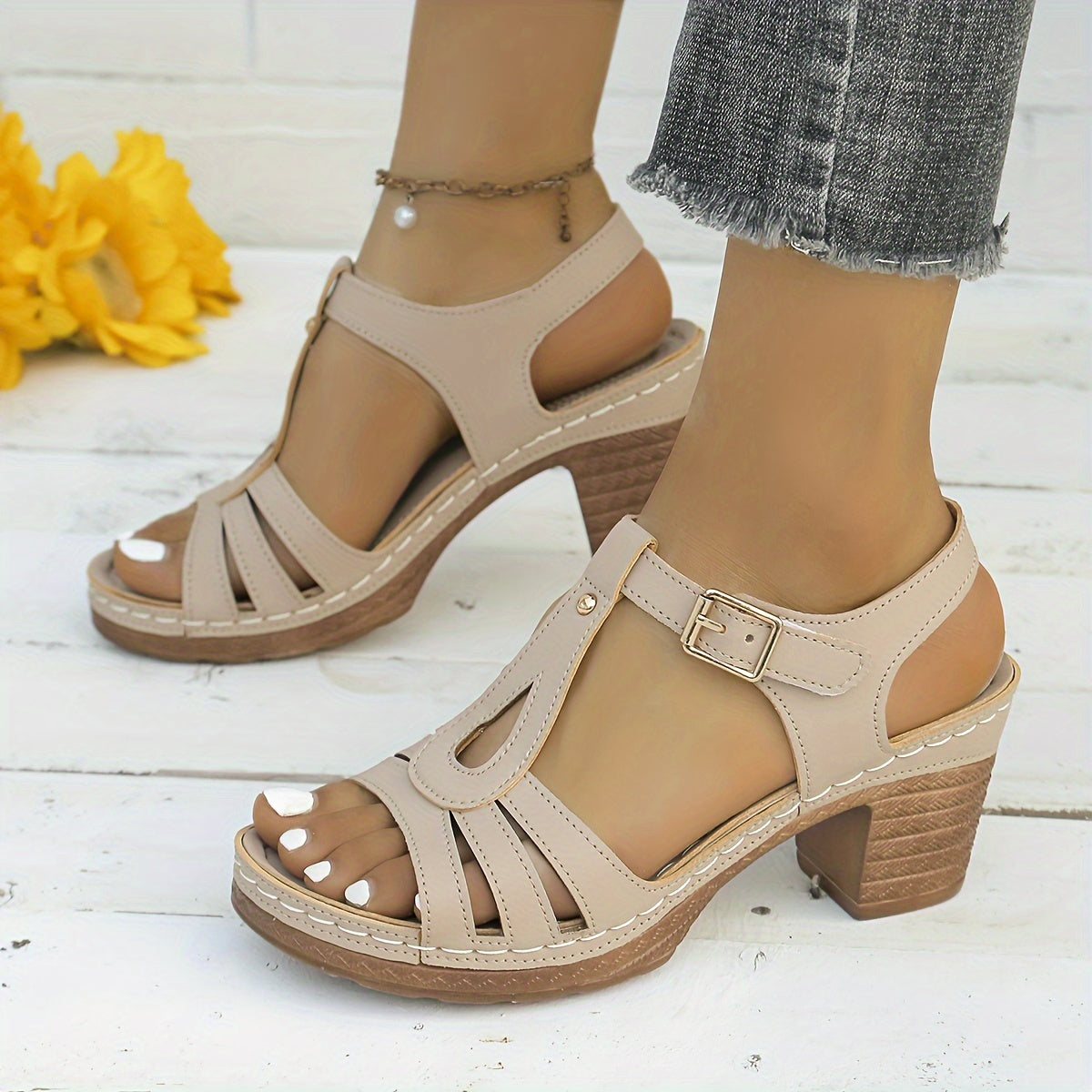 Women's - T-Strap Summer Stiletto Heels Sandals - Non-Slip Block Heel Shoes for Comfort and Style