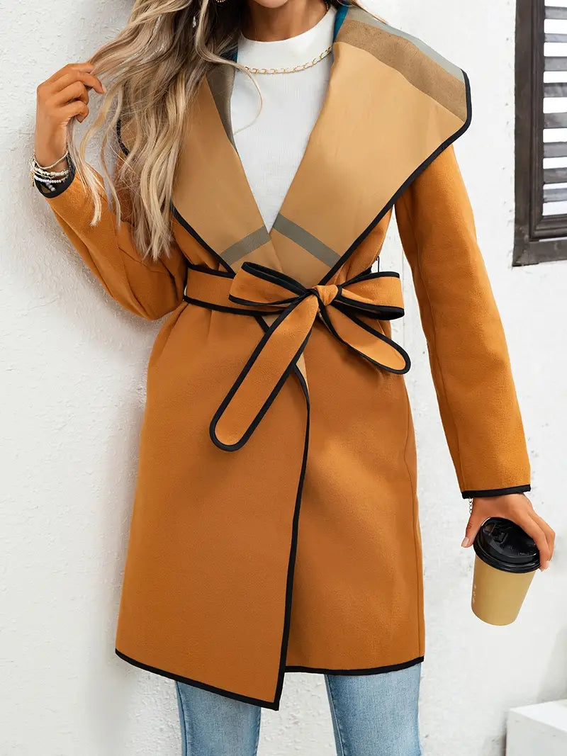 Coat with waterfall collar and belt