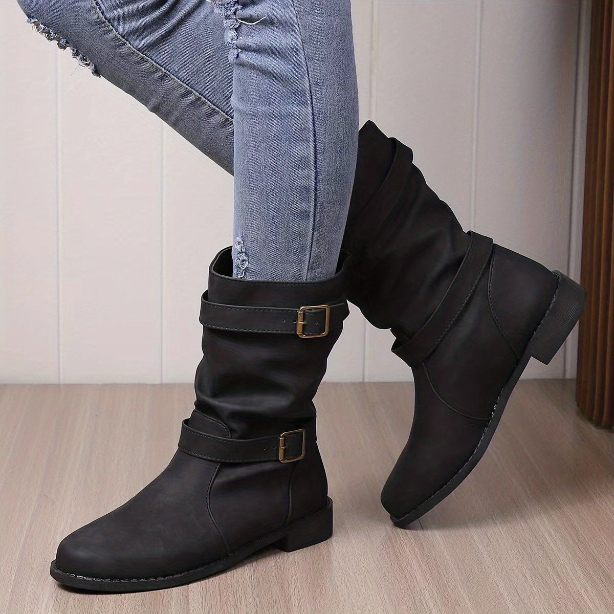 Vintage charm slouchy buckle strap western ankle boots