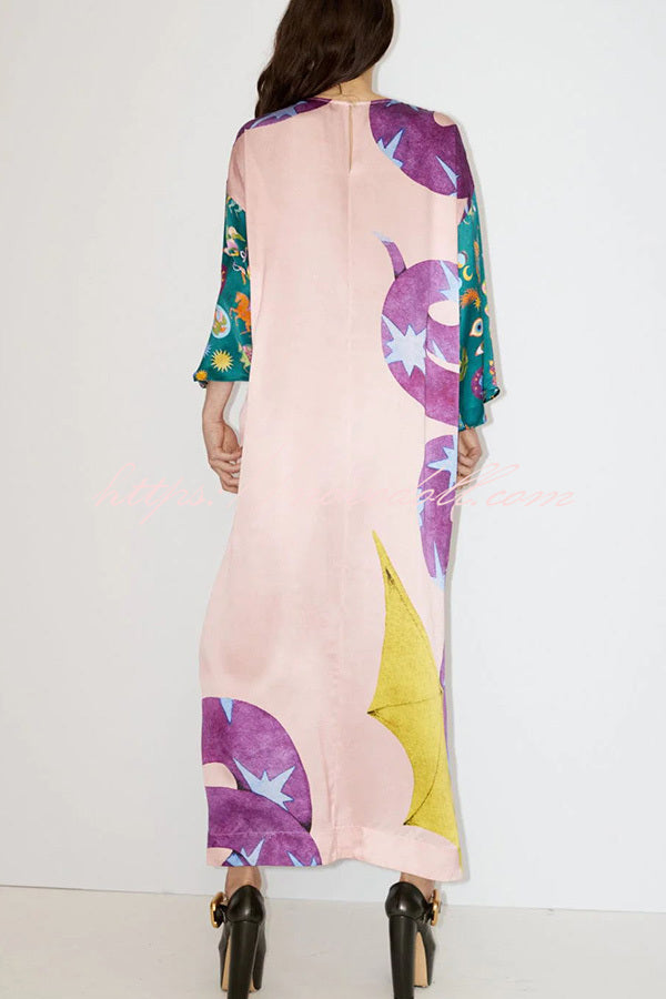 Artistic natural maxi dress - Unique print, contrast stitching, relaxed holiday dress