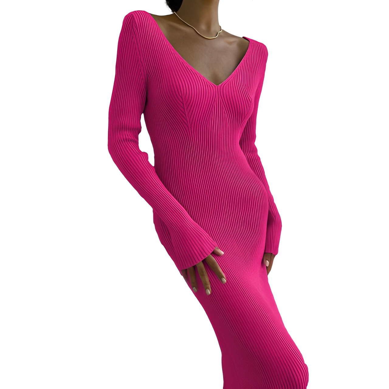 Knitted dress with V-neck and ribbed structure