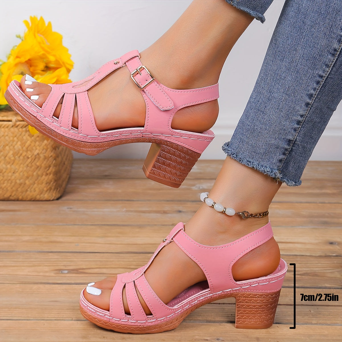 Women's - T-Strap Summer Stiletto Heels Sandals - Non-Slip Block Heel Shoes for Comfort and Style