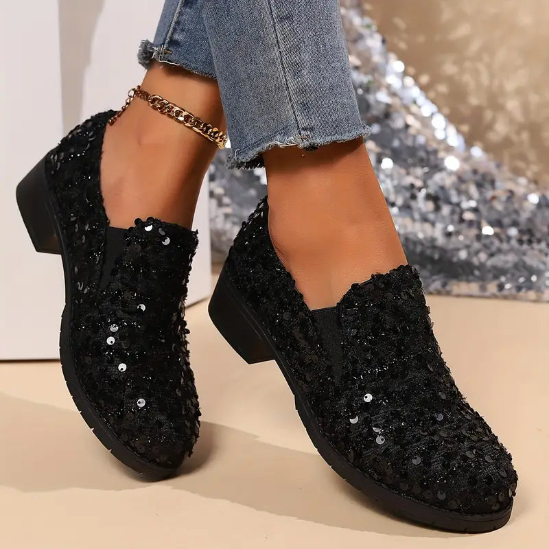 Women - Loafers - Sequined Design - Chunky Heel Fashion Shoes