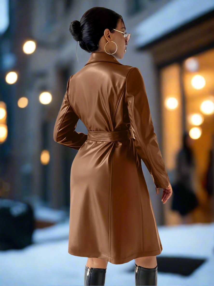 Women - Long Trench Coat - Narrow Fit Leather - Stylish Elegant Outerwear for Every Occasion