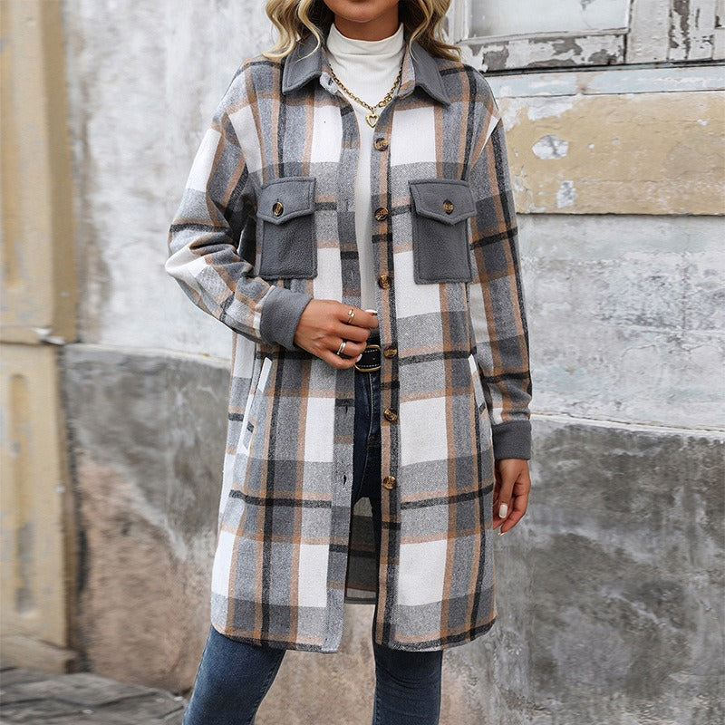 Women - Long Jacket - Checked Design with Pockets - Casual Everyday Outerwear