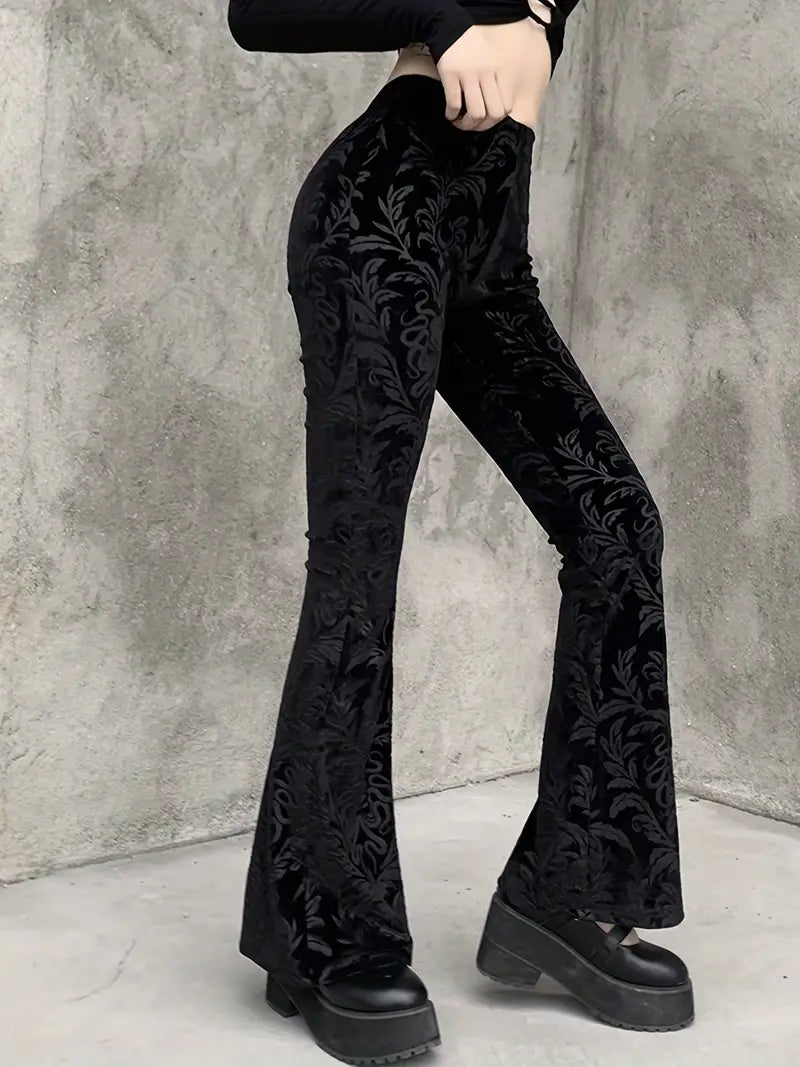 Women - High-Waisted Trousers - Gothic Floral Pattern - Stylish and Unique Design