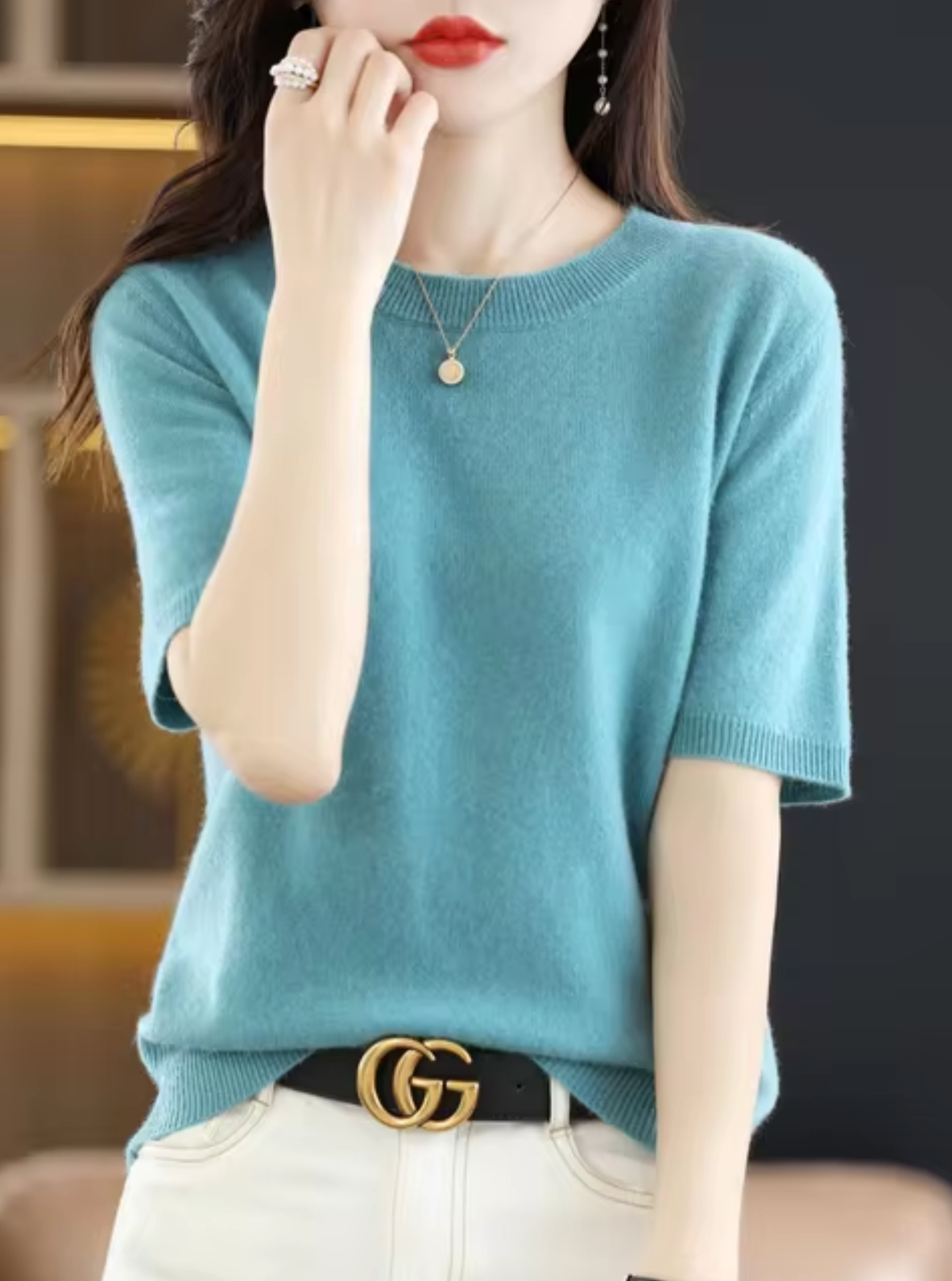 Short-sleeved wool and cashmere jumper