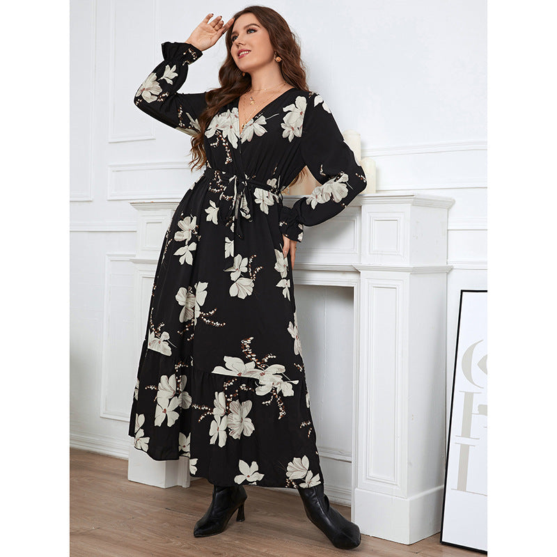 Temperament Elegant Printed V-Neck Petal Sleeve Women's Dress