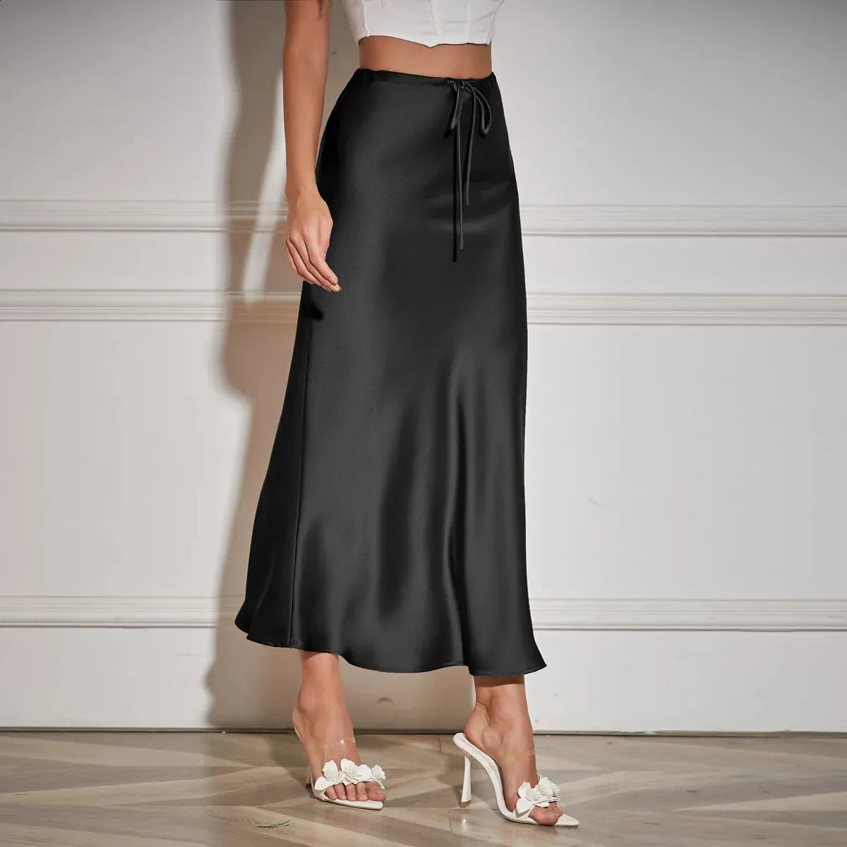 Women - High-Waisted Satin Skirt - Elegant Lacing Detail - Chic Fashion Statement