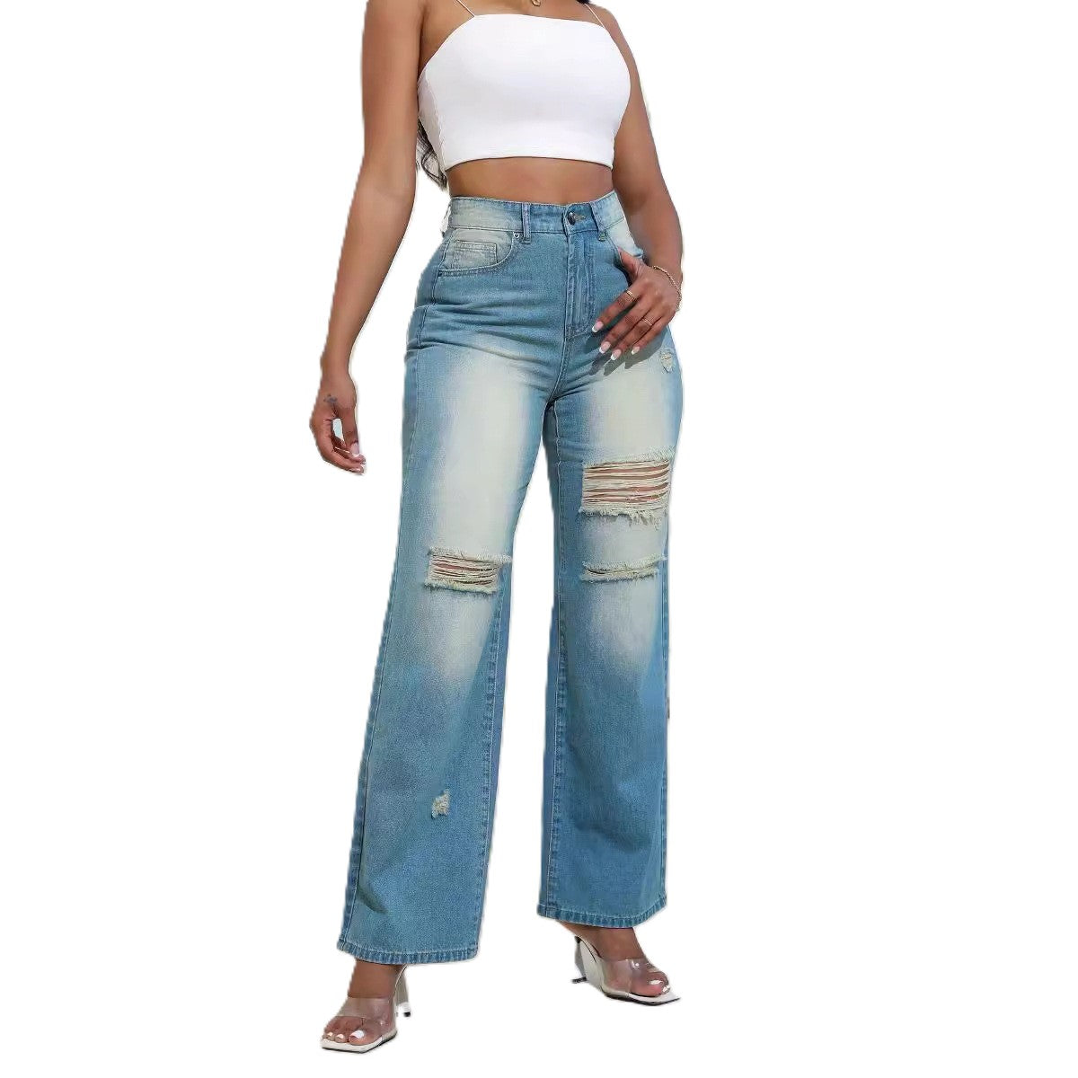 Women - Wide Cut Jeans - High Waist, Comfortable Denim - Trendy Fit for Effortless Style