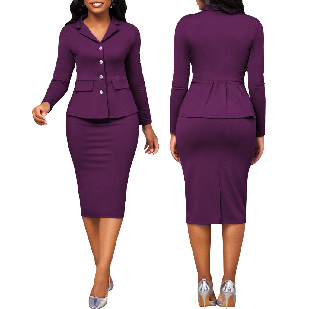 Two-piece ladies' suit with white collar and long sleeves