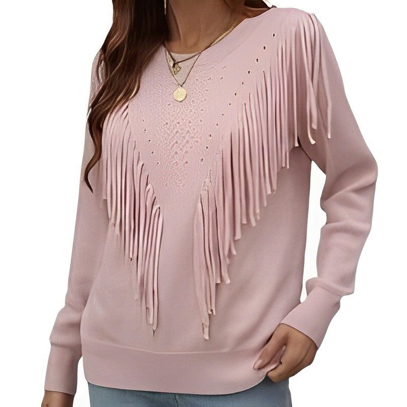 Women - Wide Jumper - Cozy Knit with Fringes - Stylish Fall Sweater