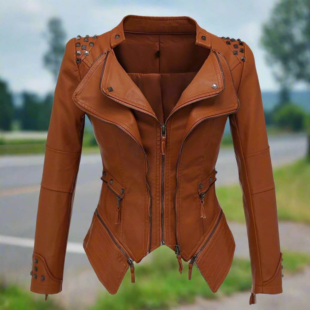 Women - Leather Jacket - Figure-Hugging Chic Style - Trendy Leather Outerwear for Fashionable Women