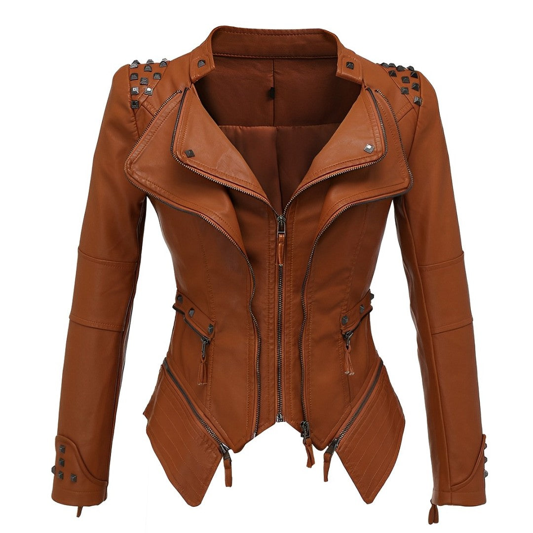 Women - Leather Jacket - Figure-Hugging Chic Style - Trendy Leather Outerwear for Fashionable Women