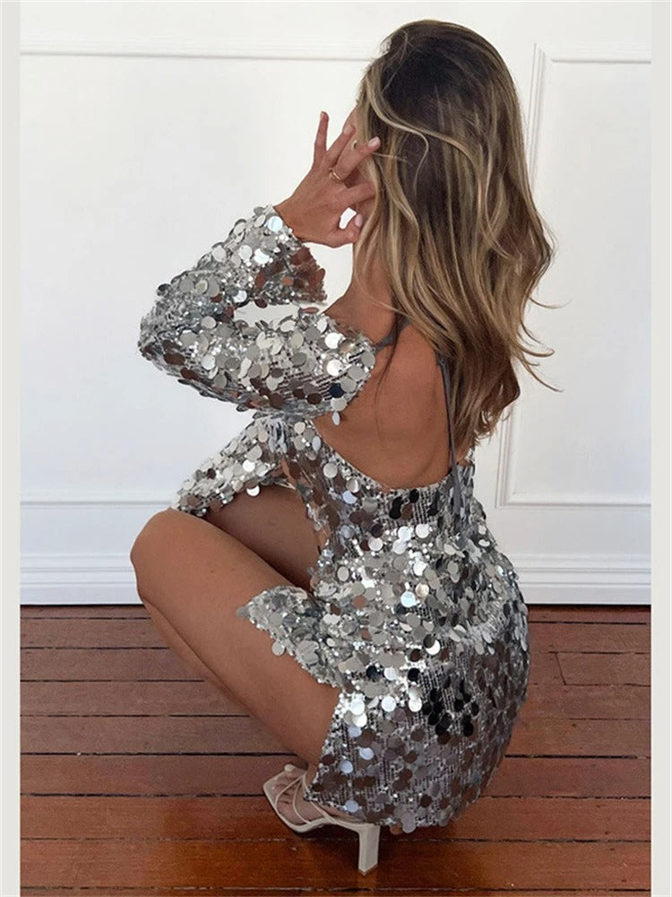 Stylish sequin dress in shiny silver