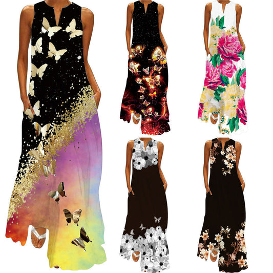 Women’s Sleeveless V-Neck Vintage Printed Dress