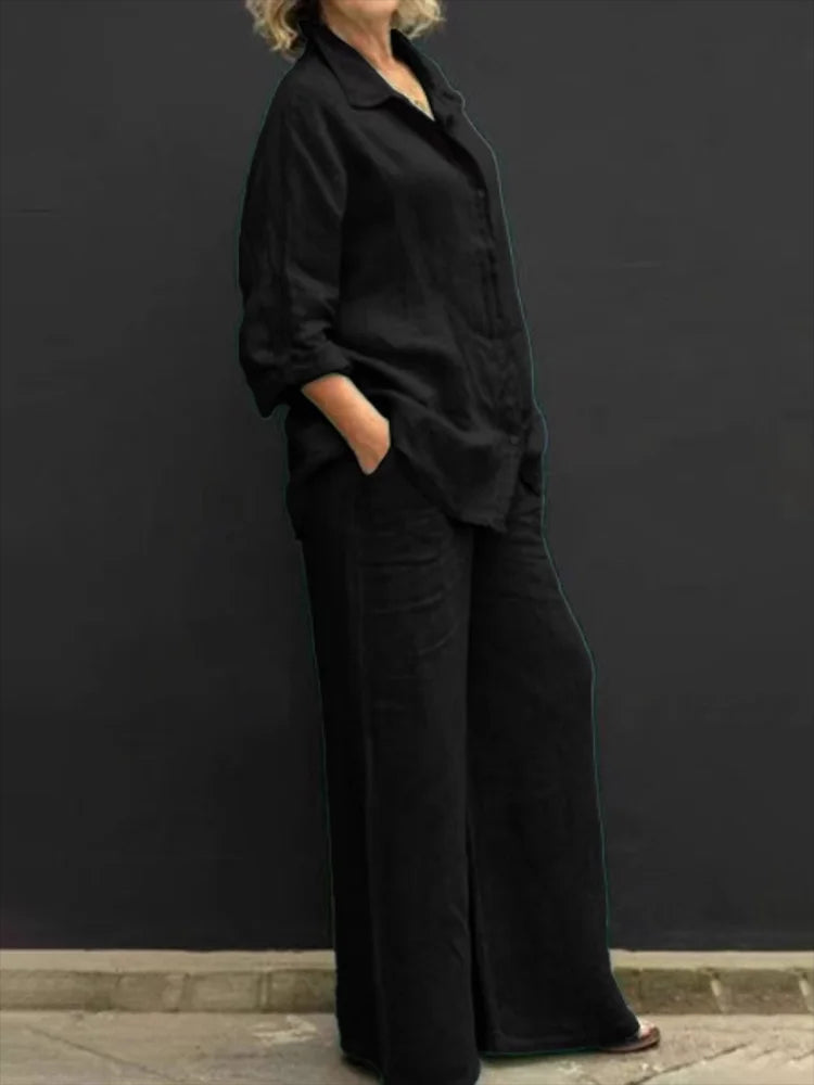 Casual linen ensemble ladies button placket