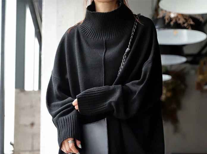 Black Plain Long-Sleeved Sweater with High Neckline