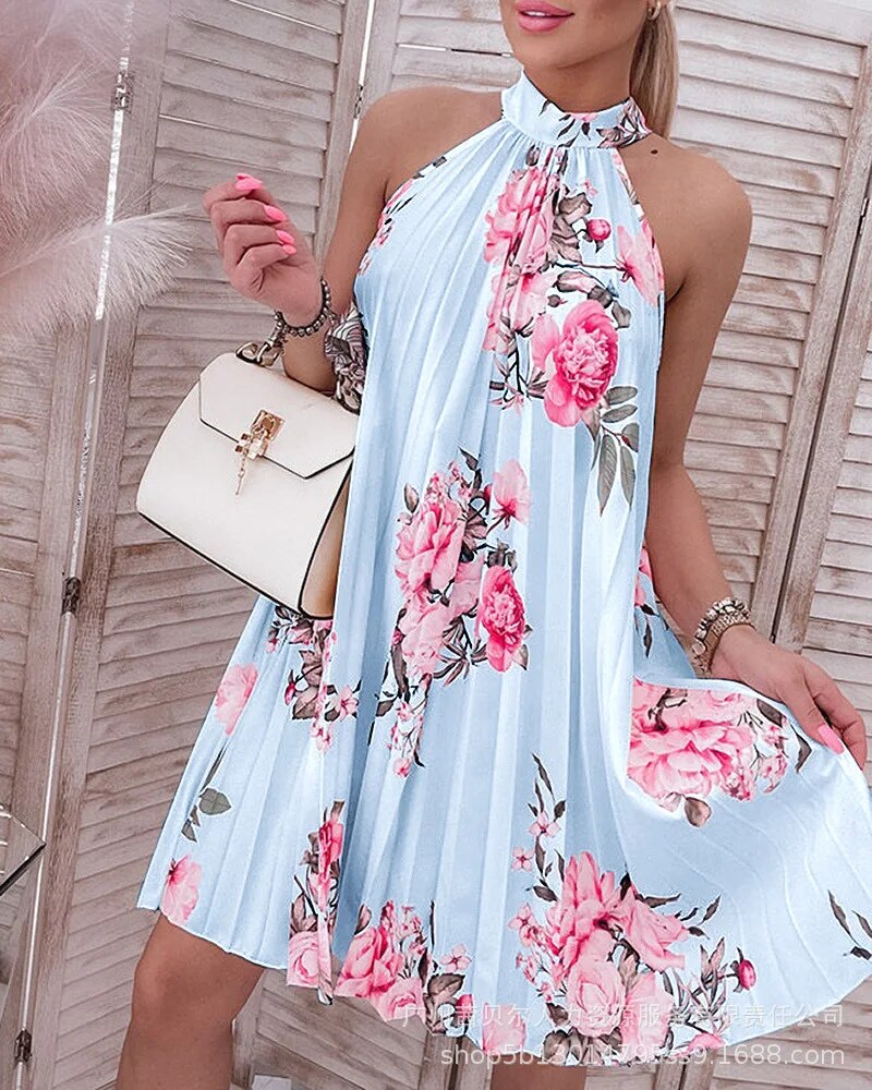 Casual Pleated Dress With Floral Print