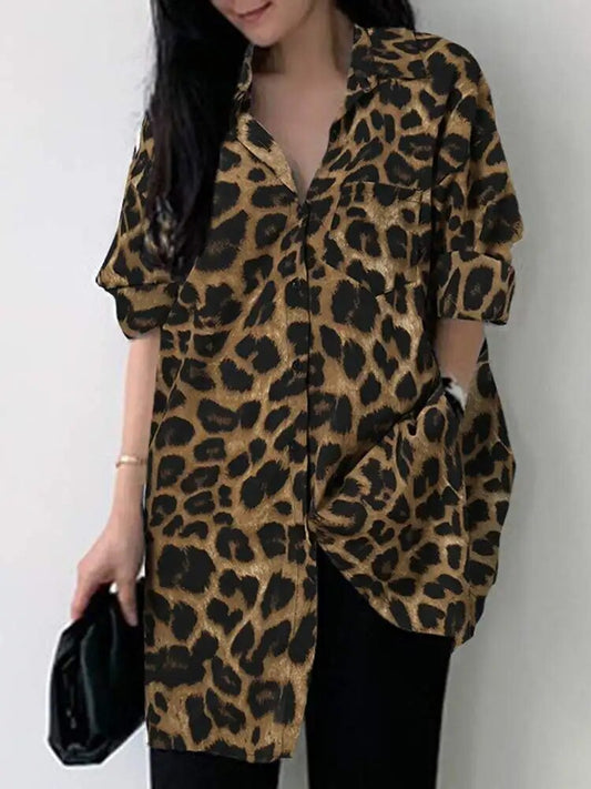 Womens Long Sleeve Leopard Print Loose Blouse