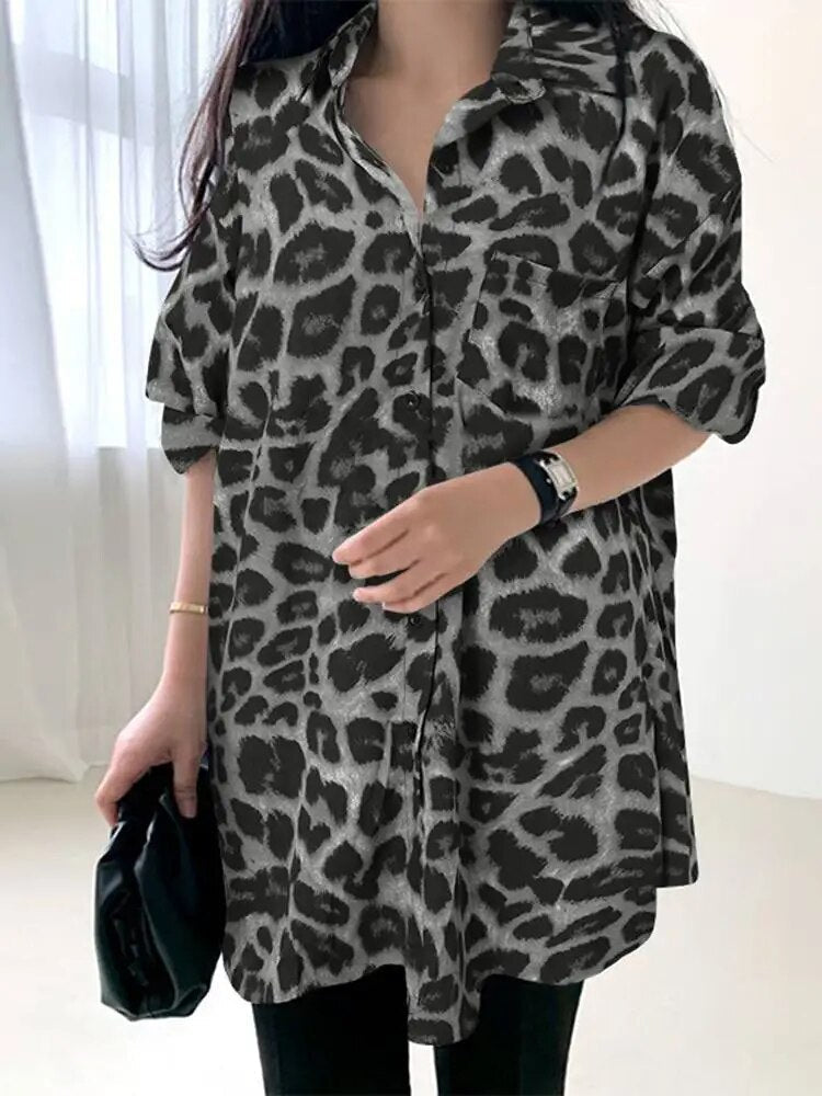 Womens Long Sleeve Leopard Print Loose Blouse