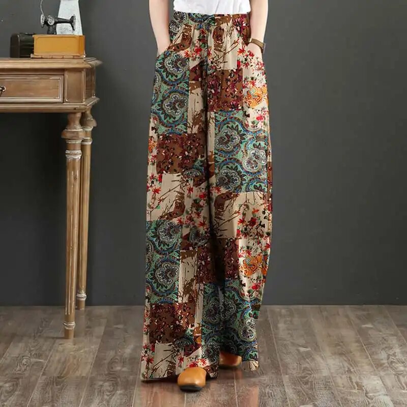 Women's Elastic Waist Wide Leg Bohemian Trousers