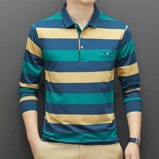 Men's Long Sleeve Tricolour Striped Polo Shirt