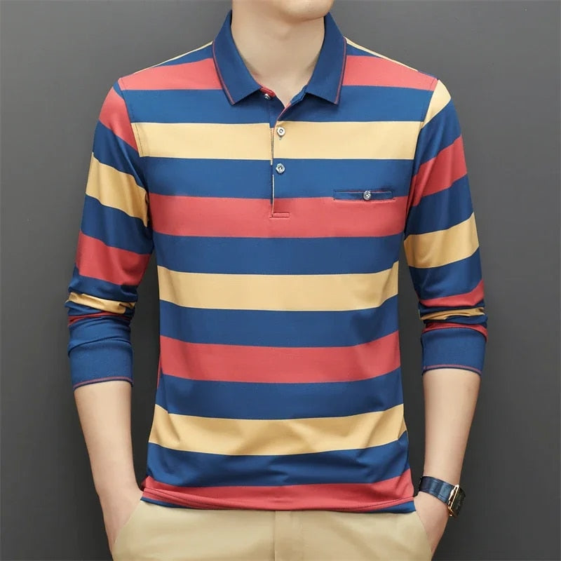 Men's Long Sleeve Tricolour Striped Polo Shirt