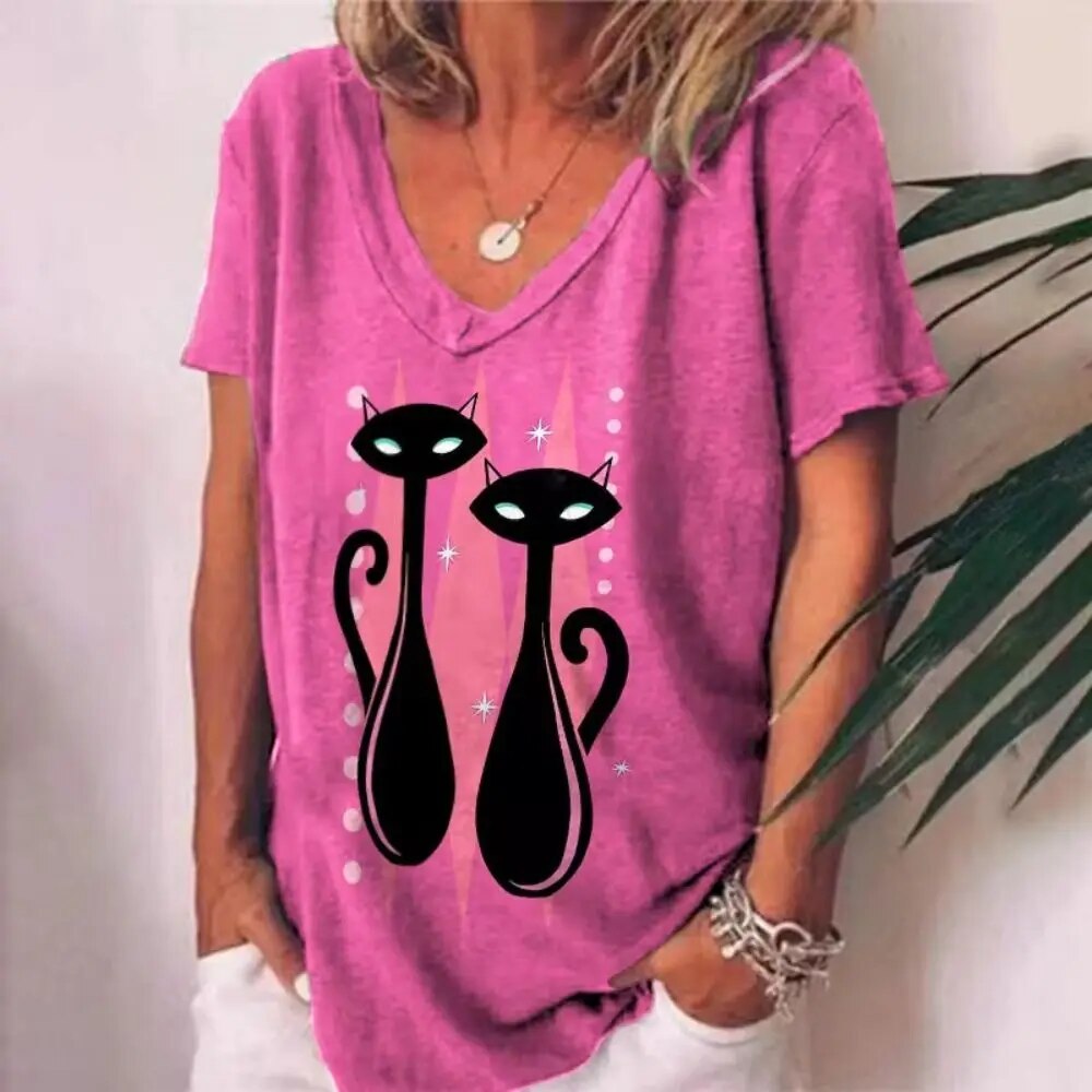 Women's V-neck Loose fit Cat Graphic T-shirt