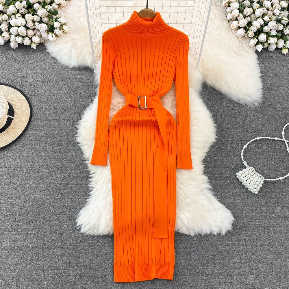 Women's Turtle Neck Bodycon Knitted Dress with Belt