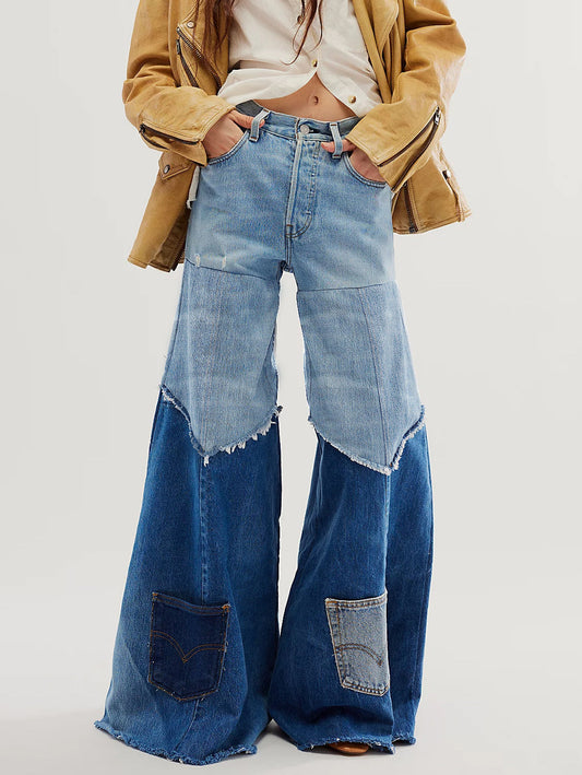 Women's High Waist Wide Leg Patchwork Denim Trousers