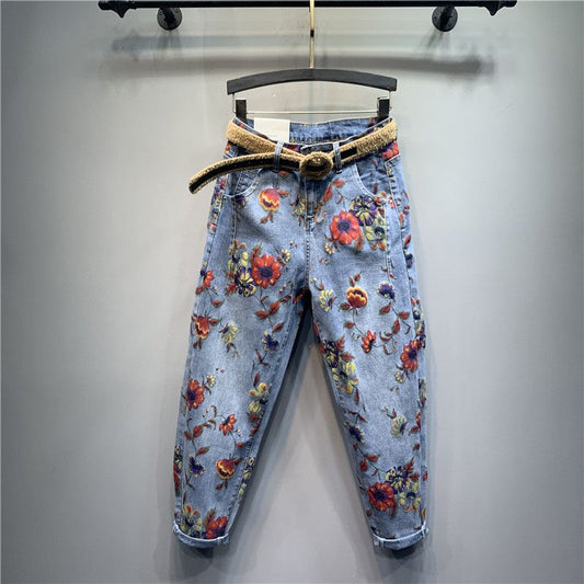 Women's Below the Knee Denim Floral Trousers