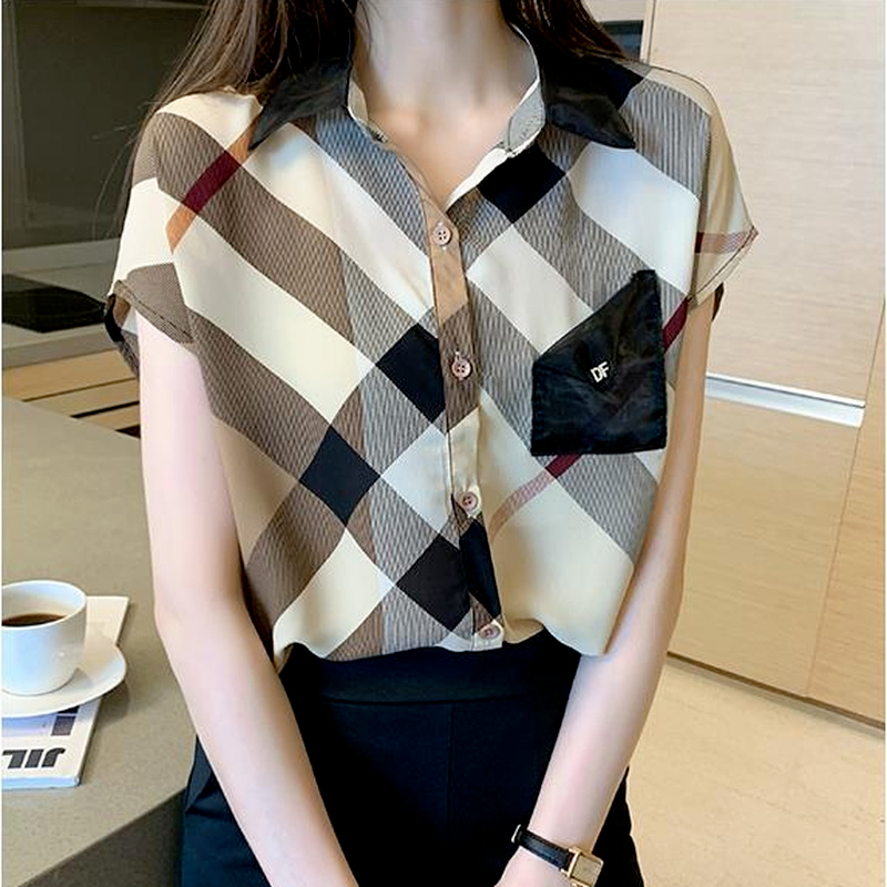 Women's Short Sleeve Checked Chiffon Blouse